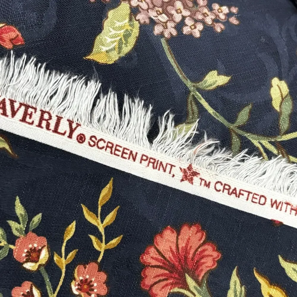 Waverly Screen Print Club House Vine fabric remnant navy floral Made in USA 6yd